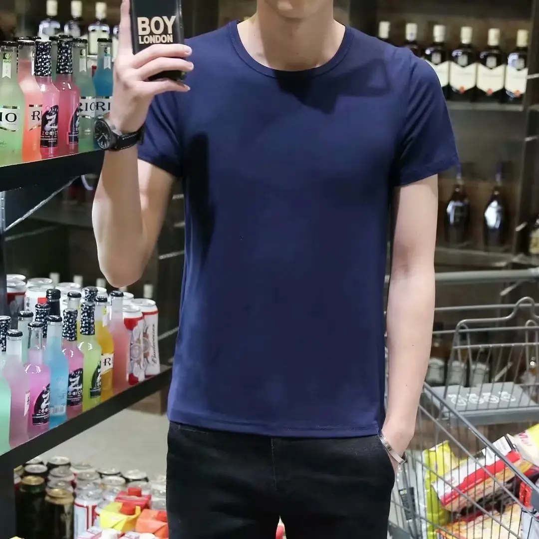 Men White Short Sleeve T-Shirt Round Neck Thin Elastic - Image 4
