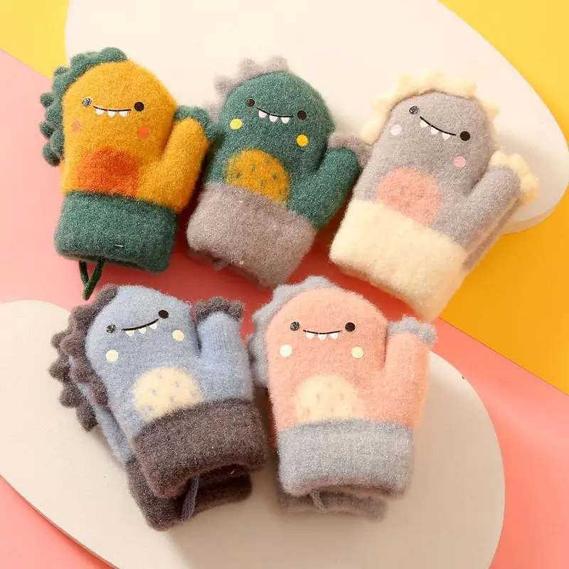 New Winter Children's Gloves, Cute Cartoon Baby Anti-Scratch, Fleece-Lined, Thickened, Knitted, Warm and Cold-Proof