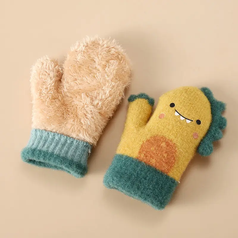New Winter Children's Gloves, Cute Cartoon Baby Anti-Scratch, Fleece-Lined, Thickened, Knitted, Warm and Cold-Proof