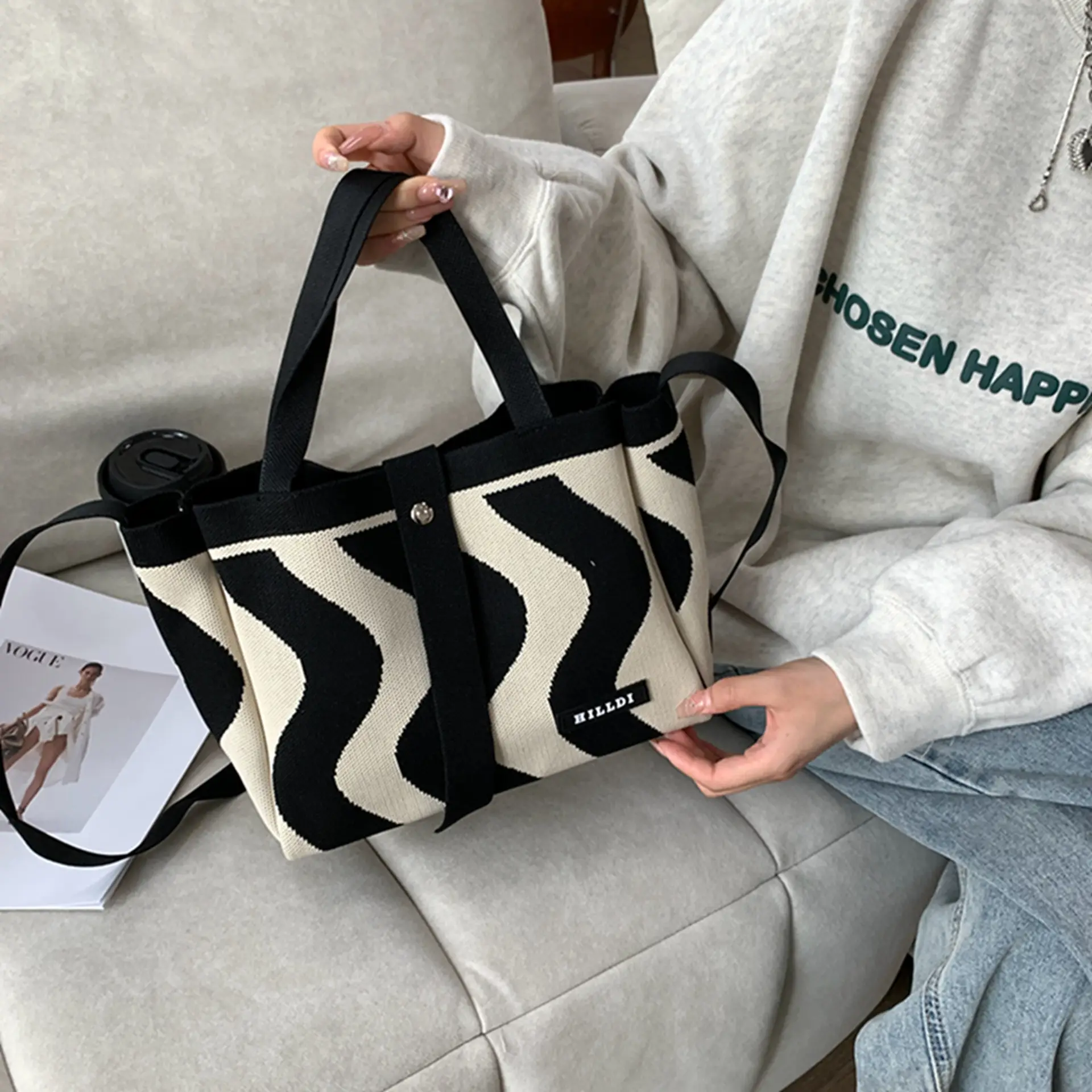 Korean Style Houndstooth Shoulder Bag Tote