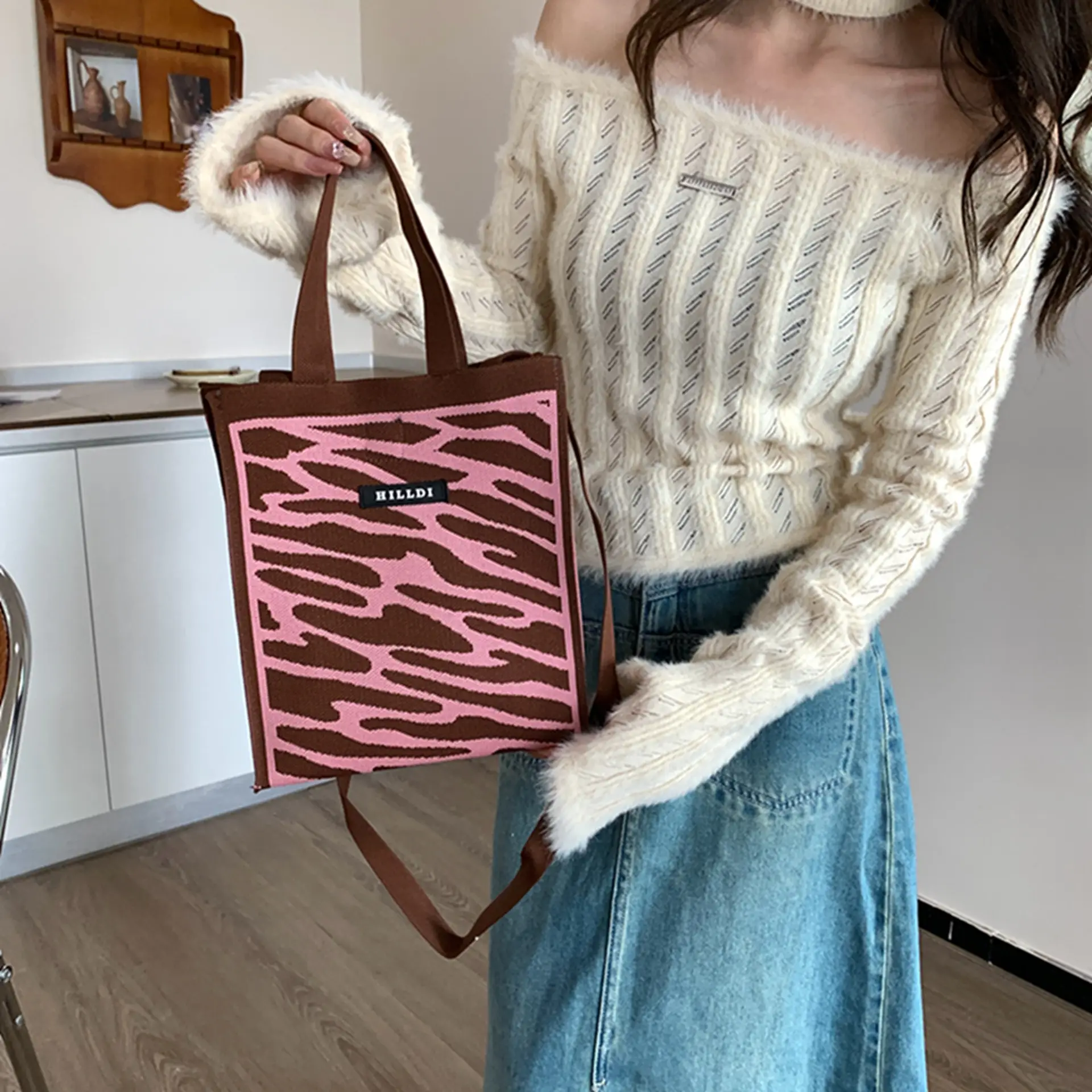 Korean Style Houndstooth Shoulder Bag Tote