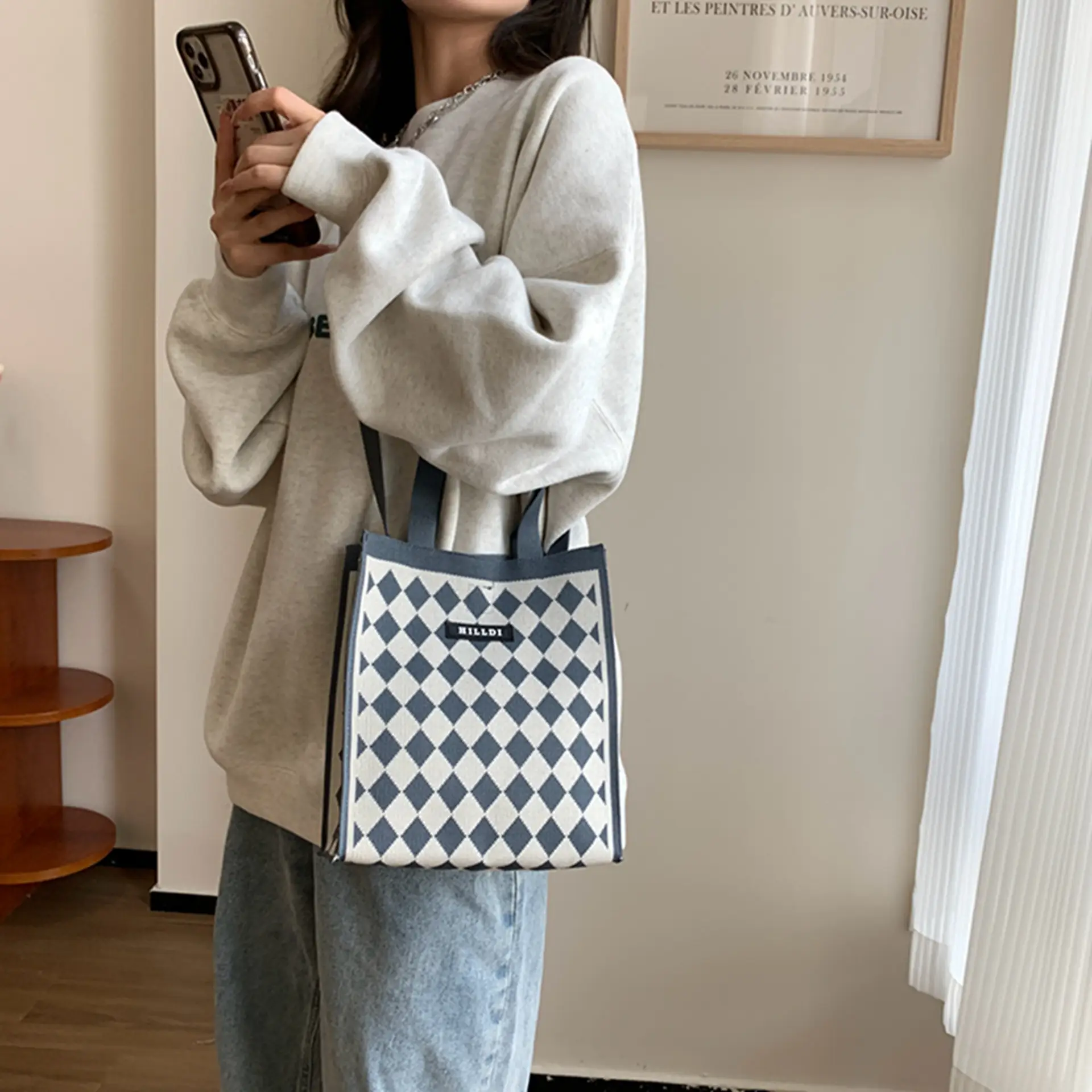 Korean Style Houndstooth Shoulder Bag Tote