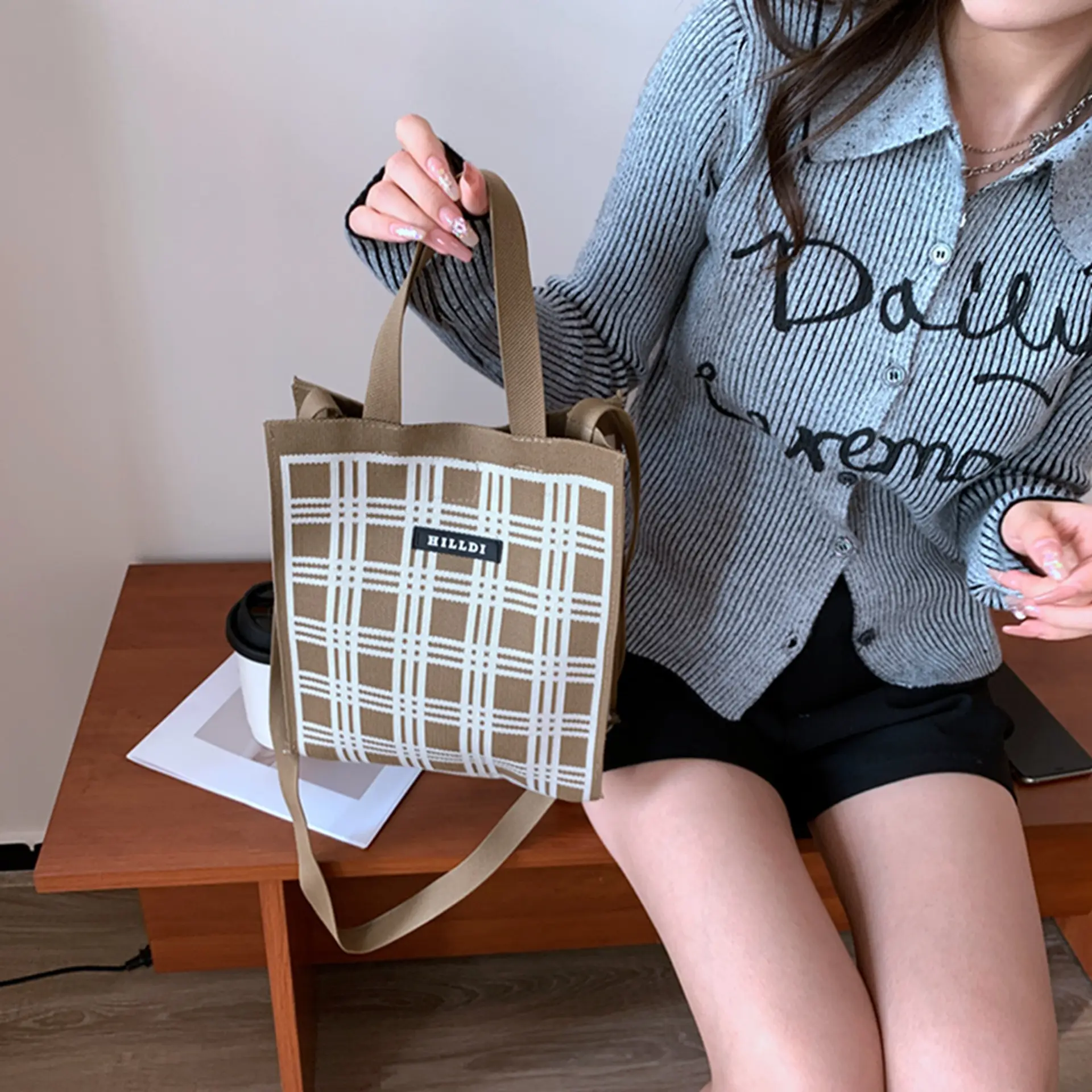 Korean Style Houndstooth Shoulder Bag Tote