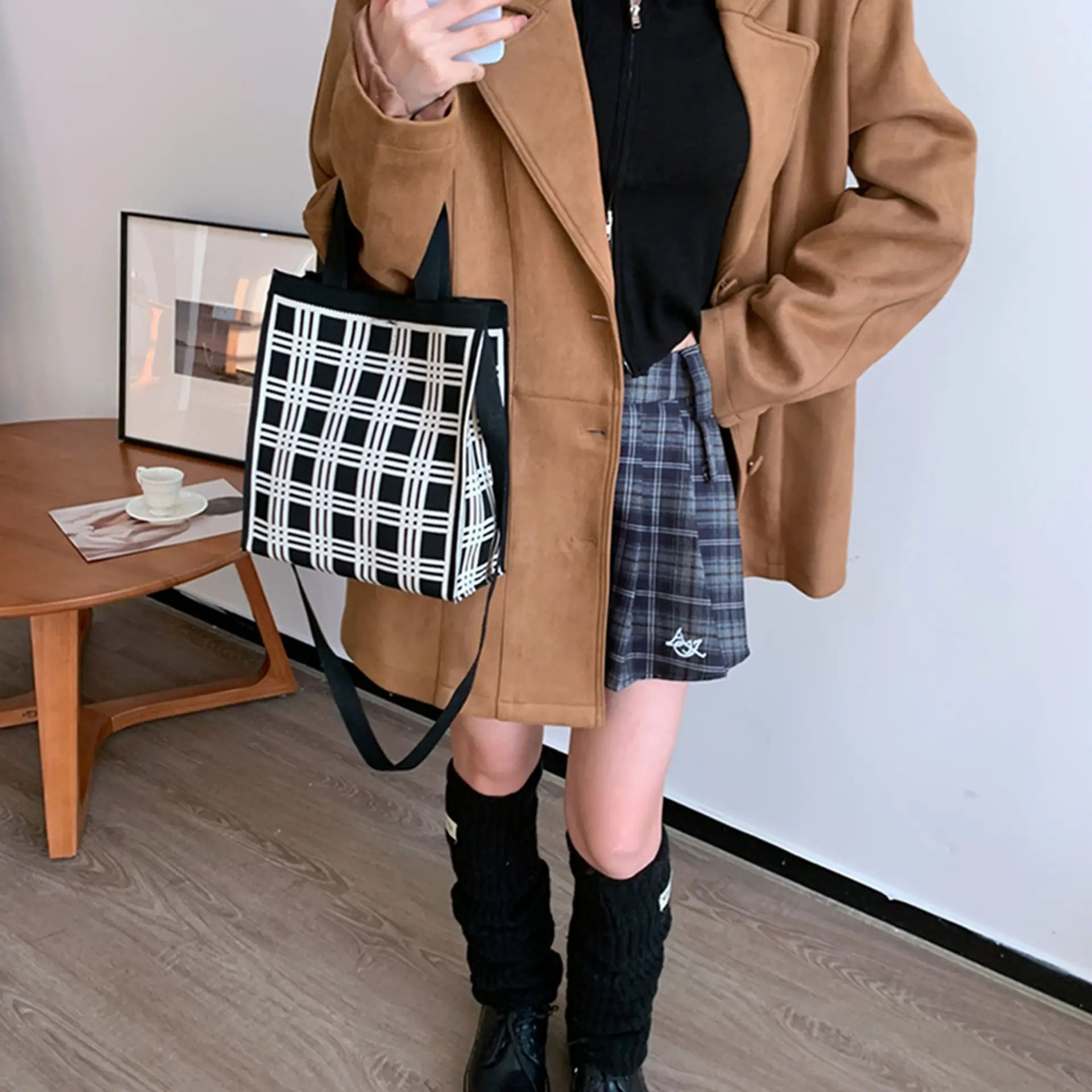 Korean Style Houndstooth Shoulder Bag Tote