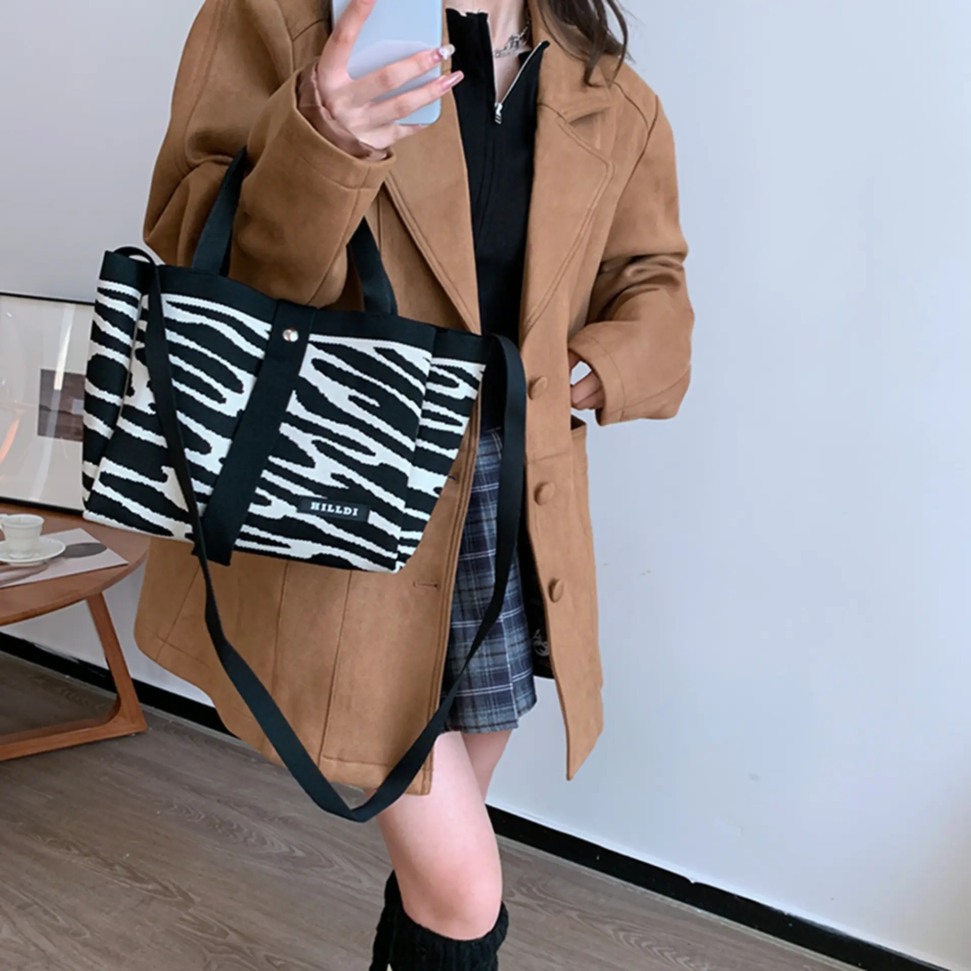 Korean Style Houndstooth Shoulder Bag Tote