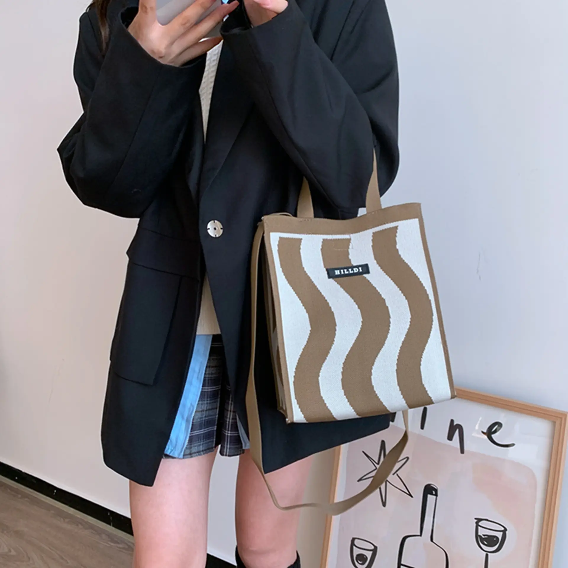 Korean Style Houndstooth Shoulder Bag Tote
