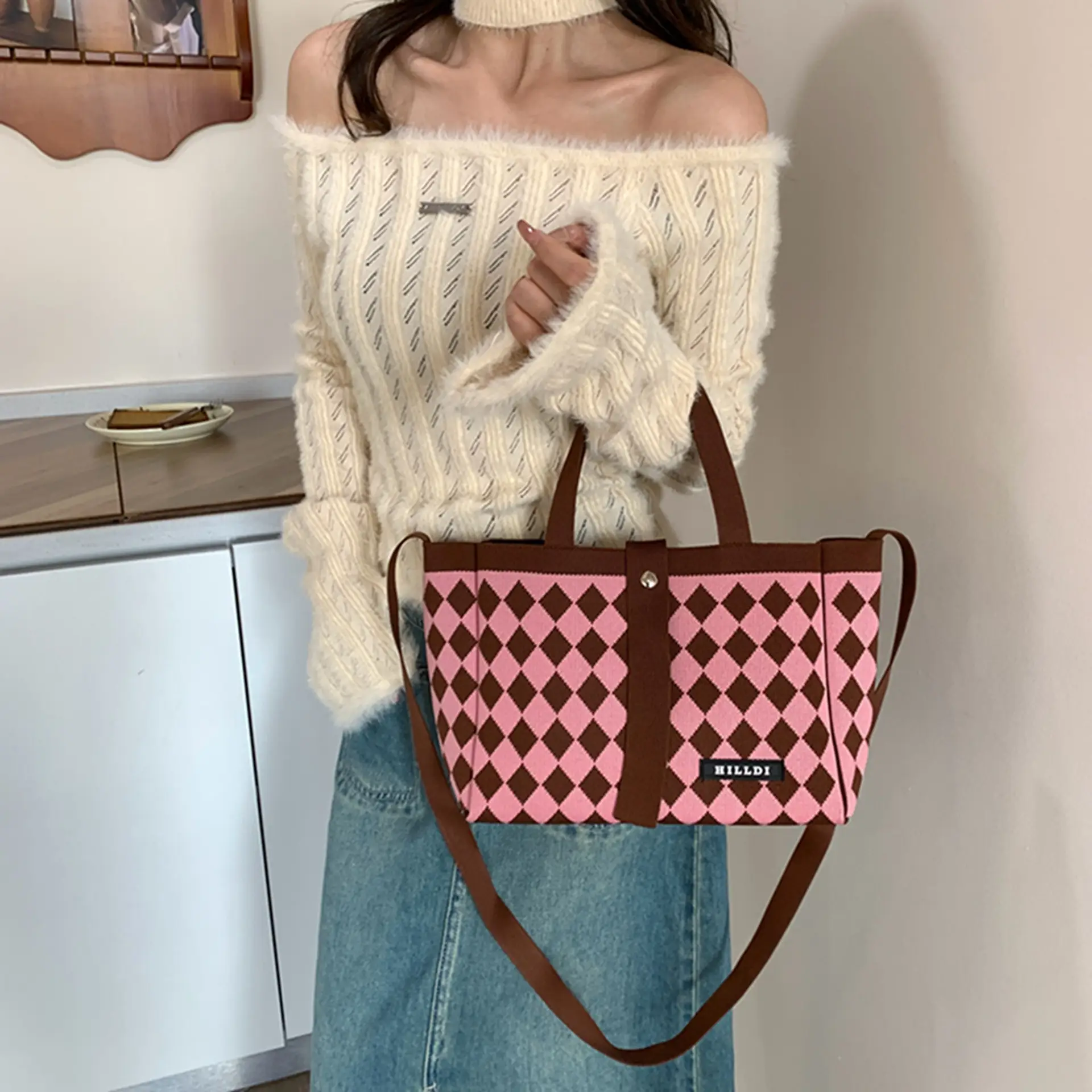 Korean Style Houndstooth Shoulder Bag Tote