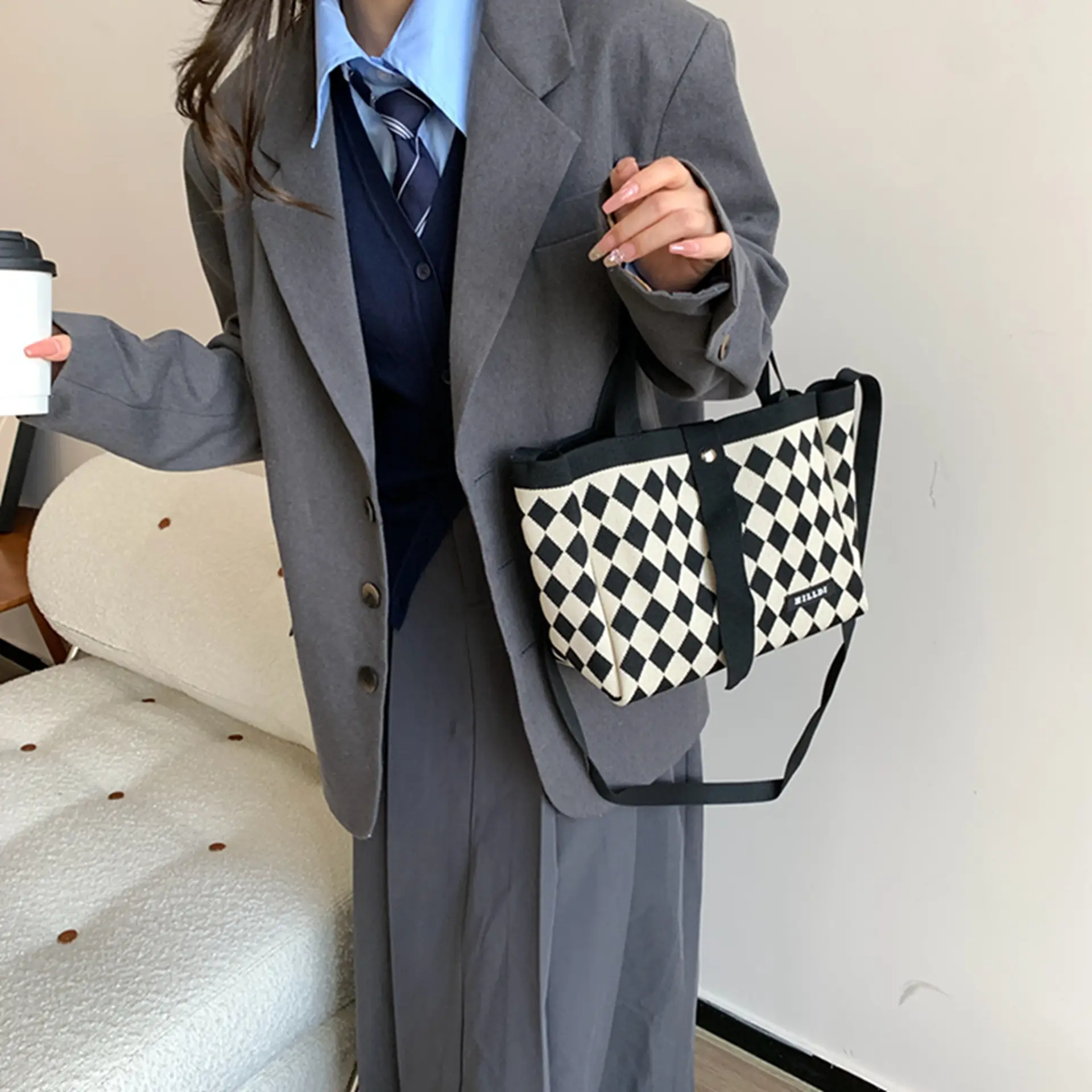 Korean Style Houndstooth Shoulder Bag Tote