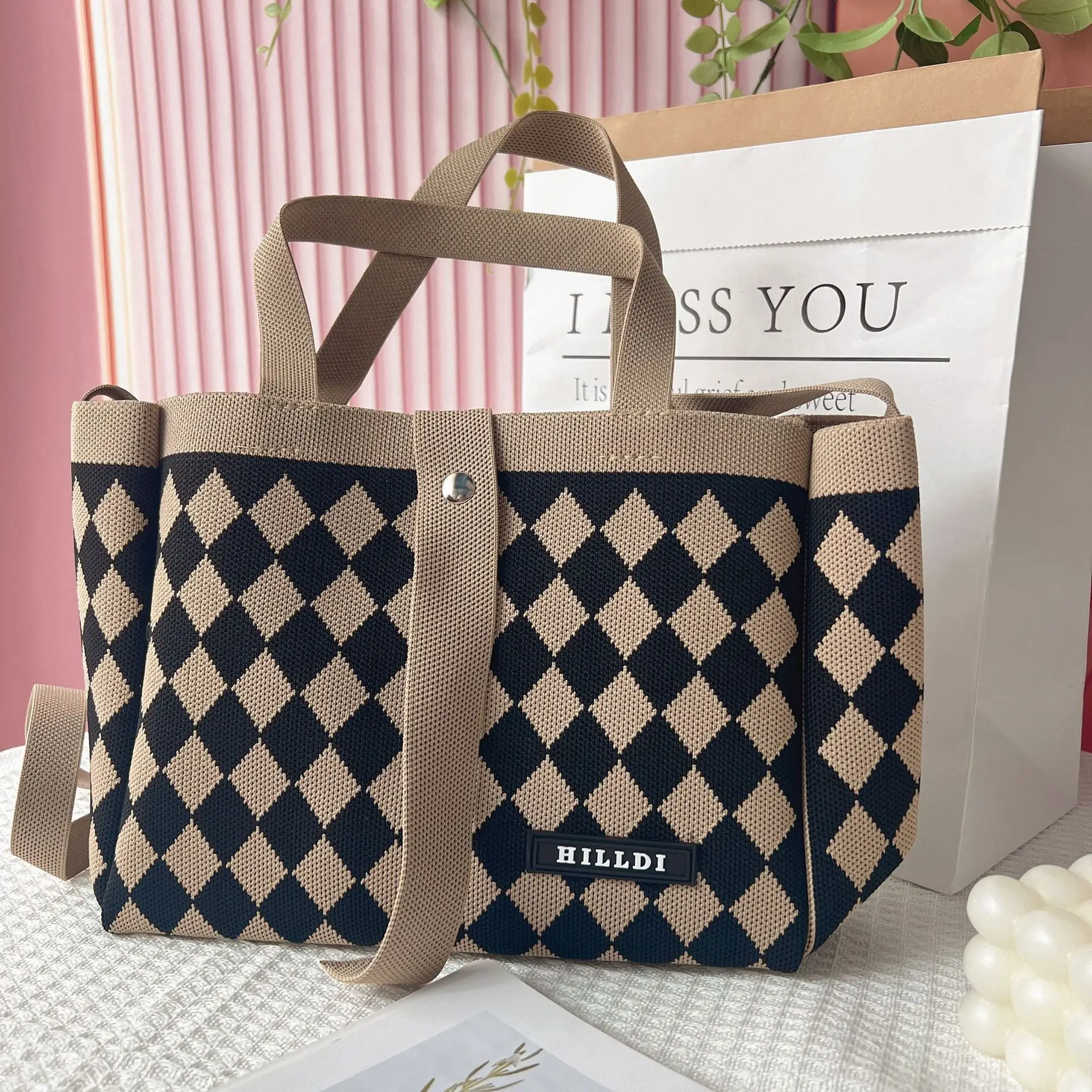 Korean Style Houndstooth Shoulder Bag Tote