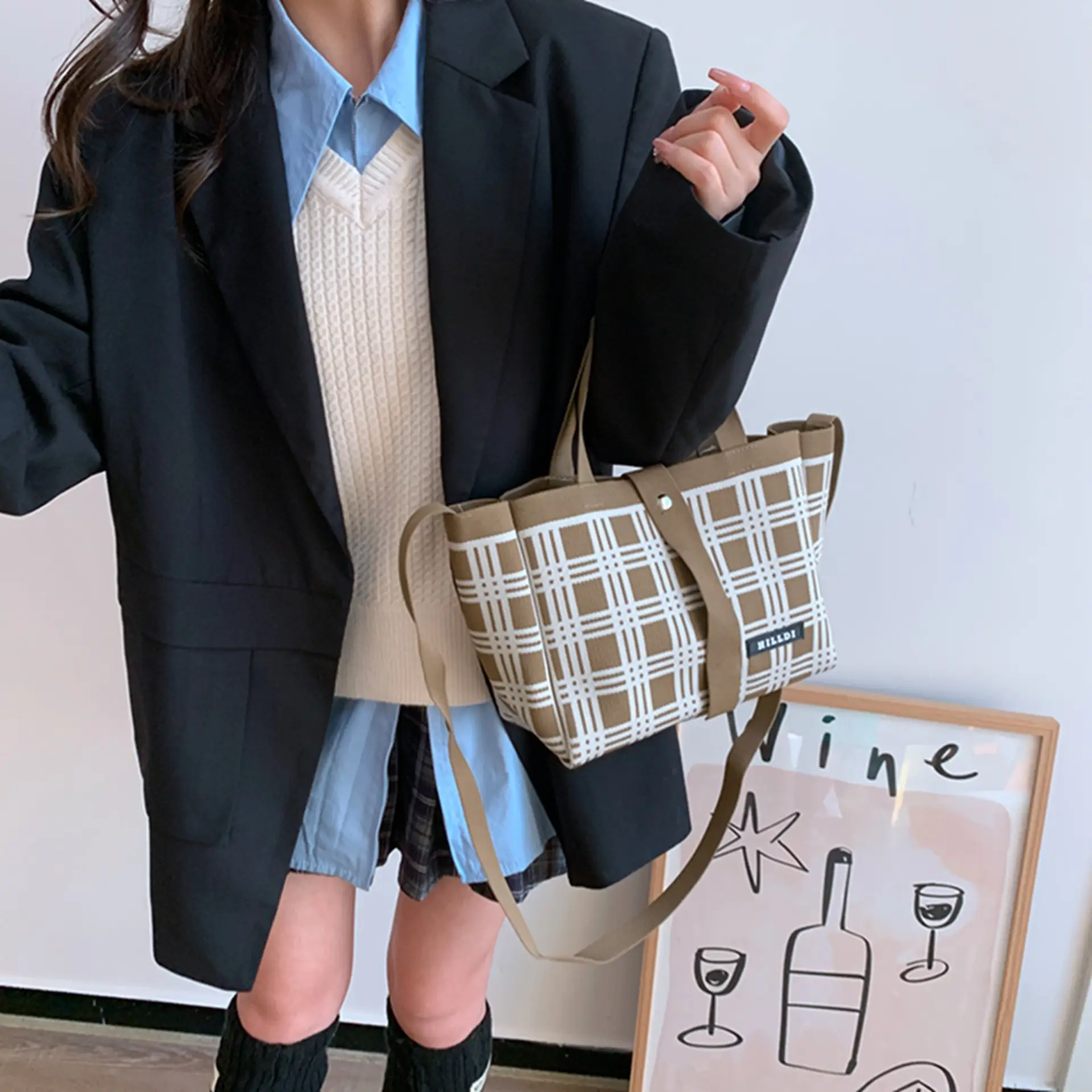 Korean Style Houndstooth Shoulder Bag Tote