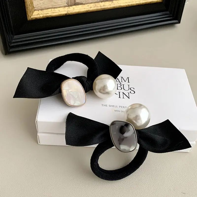 Women's Black Pearl Bow Hair Rope with Elastic Strap