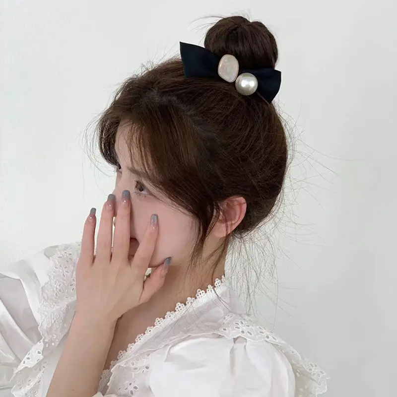 Women's Black Pearl Bow Hair Rope with Elastic Strap