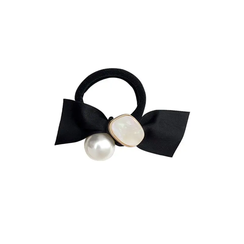 Women's Black Pearl Bow Hair Rope with Elastic Strap