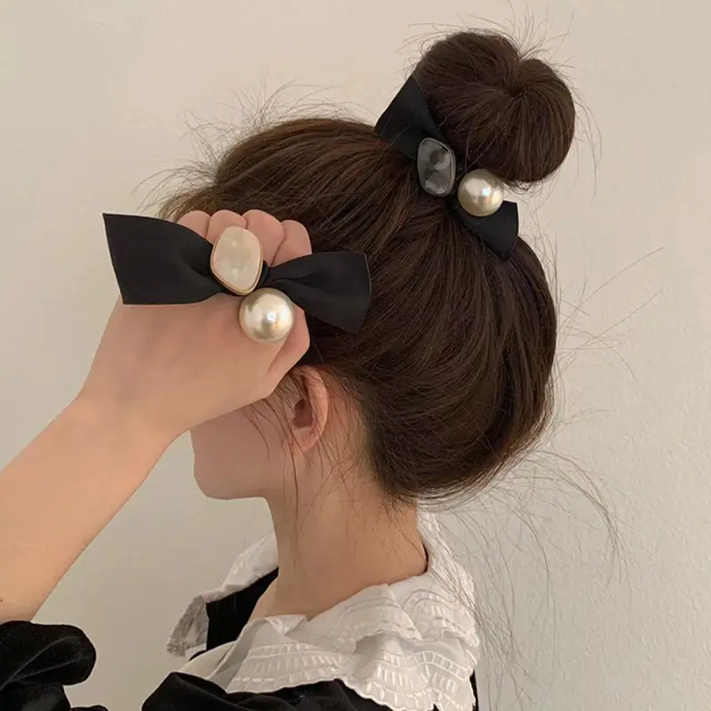 Women's Black Pearl Bow Hair Rope with Elastic Strap — feature 2