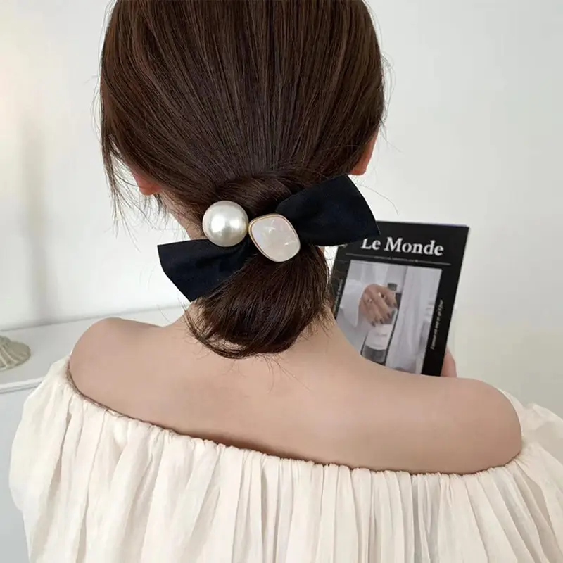 Women's Black Pearl Bow Hair Rope with Elastic Strap — feature 4