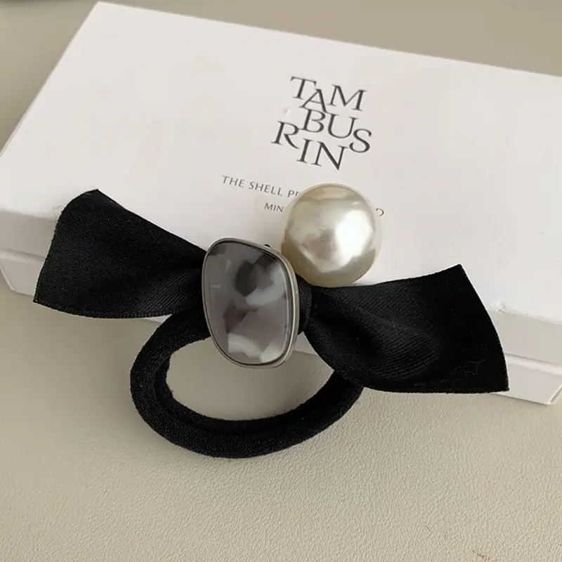 Women's Black Pearl Bow Hair Rope with Elastic Strap