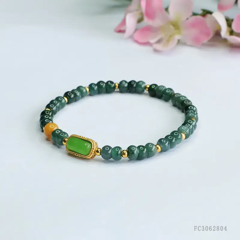 Guan Yu Natural Jade Bracelet Blue Water Abacus Bead Vintage