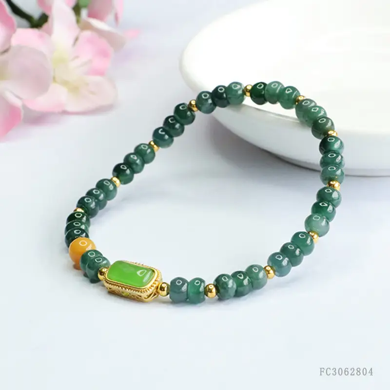 Guan Yu Natural Jade Bracelet Blue Water Abacus Bead Vintage