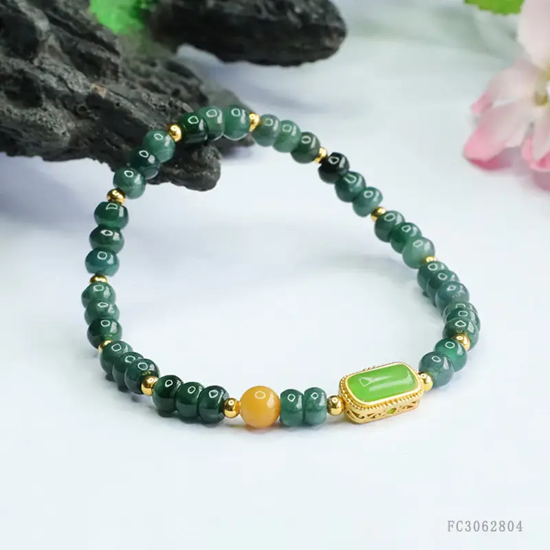 Guan Yu Natural Jade Bracelet Blue Water Abacus Bead Vintage