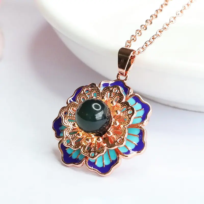 Guan Yu Lotus Necklace with Blue Amber Pendant