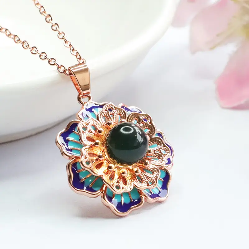 Guan Yu Lotus Necklace with Blue Amber Pendant
