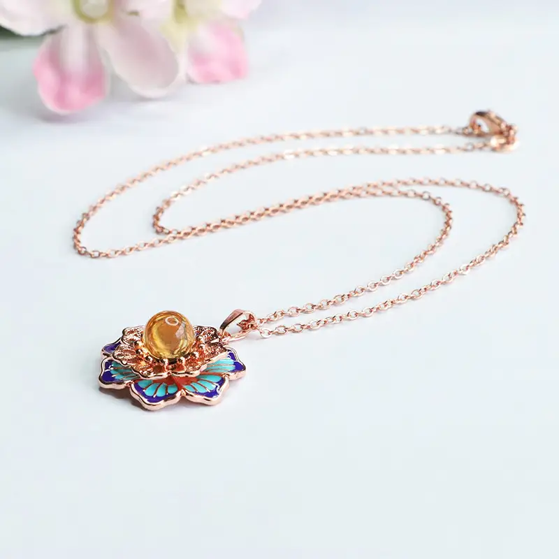 Guan Yu Lotus Necklace with Blue Amber Pendant