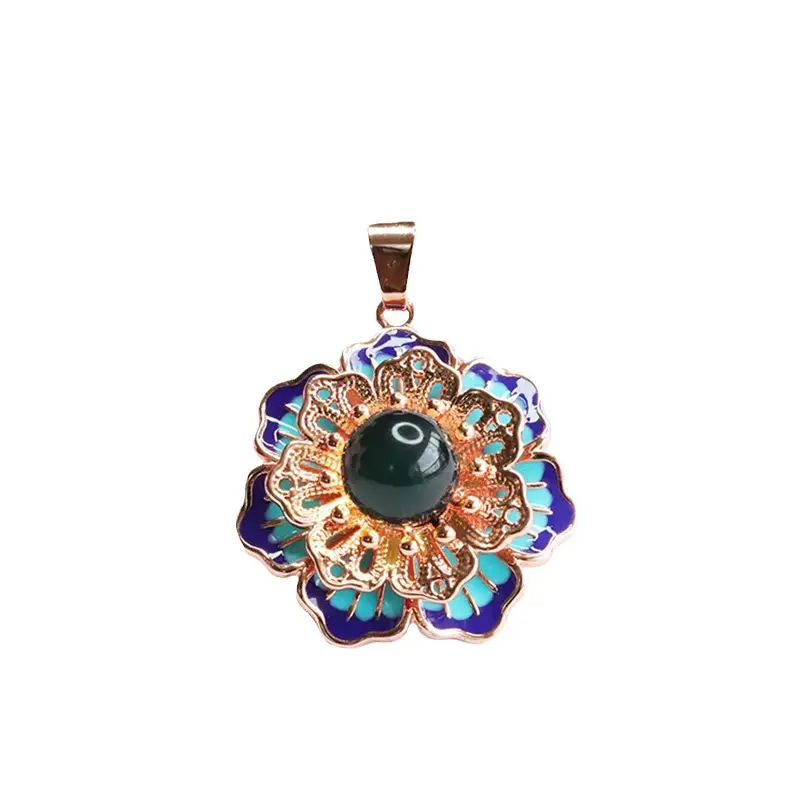 Guan Yu Lotus Necklace with Blue Amber Pendant