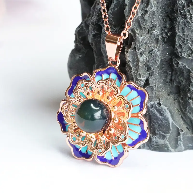 Guan Yu Lotus Necklace with Blue Amber Pendant — feature 8