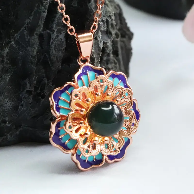Guan Yu Lotus Necklace with Blue Amber Pendant — feature 9