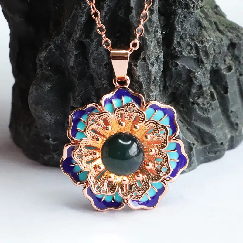 Guan Yu Lotus Necklace with Blue Amber Pendant