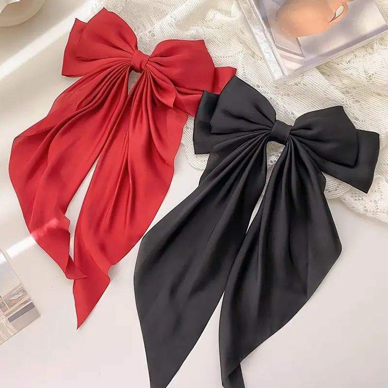 Satin Bow Hairpins Red Black Spring Clip - Image 15