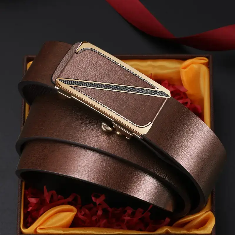 Men's Gold Plated Leather Belt with Automatic Buckle - Image 4