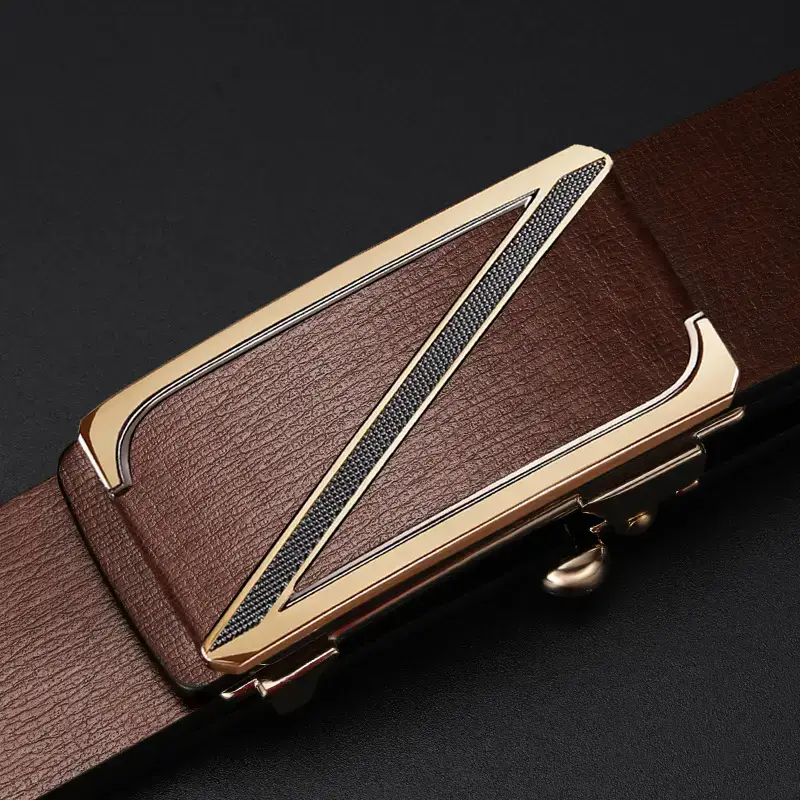 Men's Gold Plated Leather Belt with Automatic Buckle