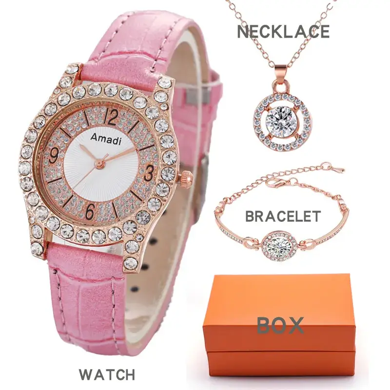 Amadi 3PC Women's Quartz Watch Set Rose Gold White Leather - Image 5