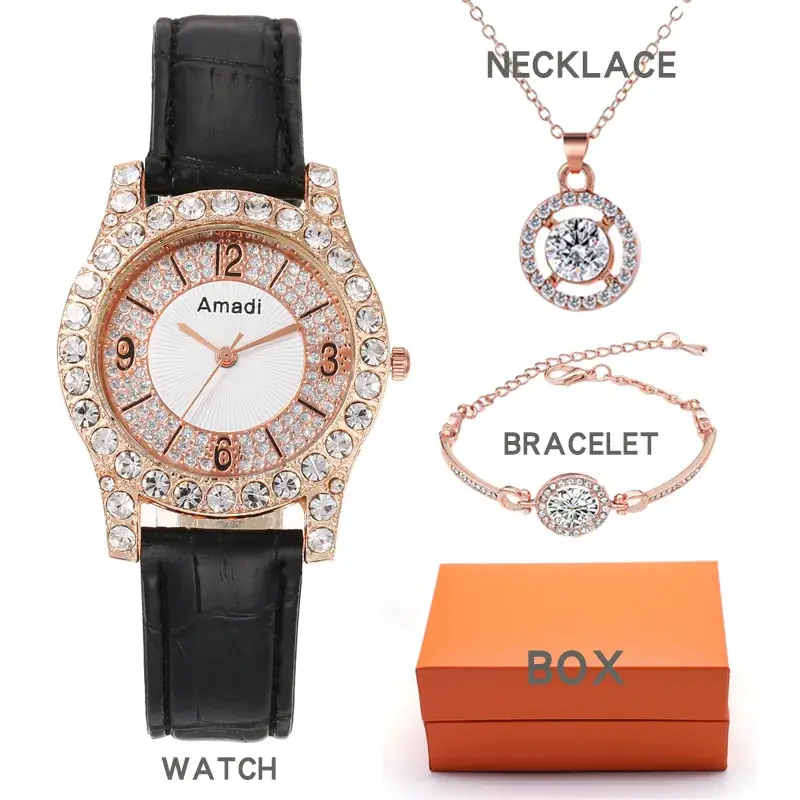 Amadi 3PC Women's Quartz Watch Set Rose Gold White Leather - Image 2