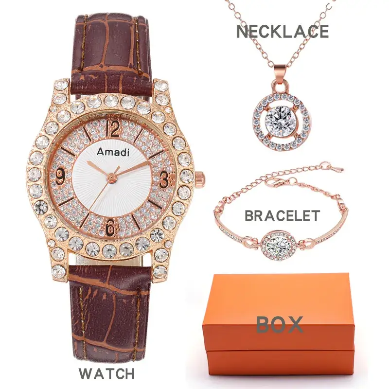 Amadi 3PC Women's Quartz Watch Set Rose Gold White Leather - Image 3