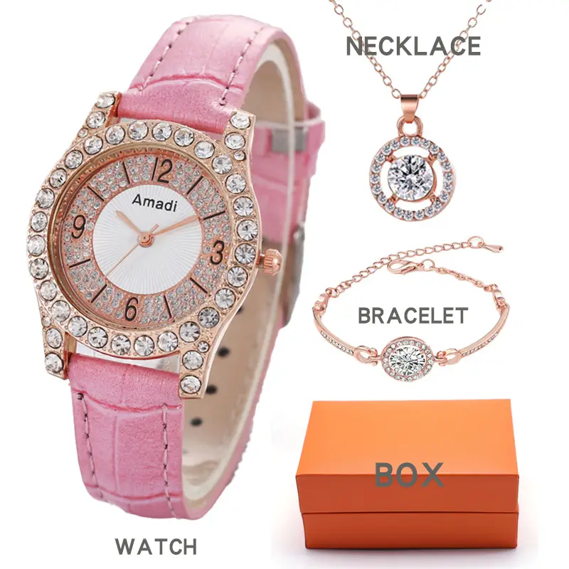 Amadi 3PC Women's Quartz Watch Set Rose Gold White Leather — feature 3