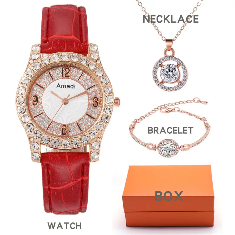 Amadi 3PC Women's Quartz Watch Set Rose Gold White Leather — feature 4