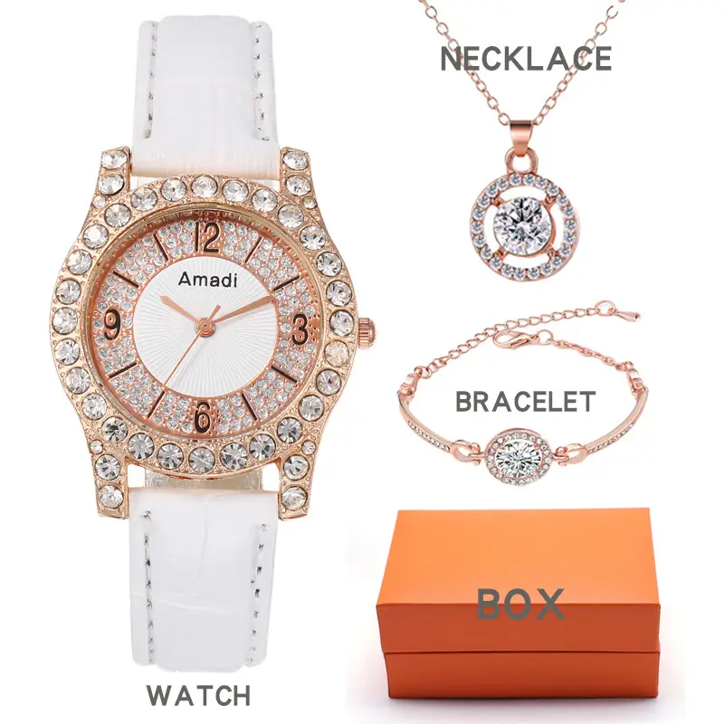 Amadi 3PC Women's Quartz Watch Set Rose Gold White Leather — feature 5
