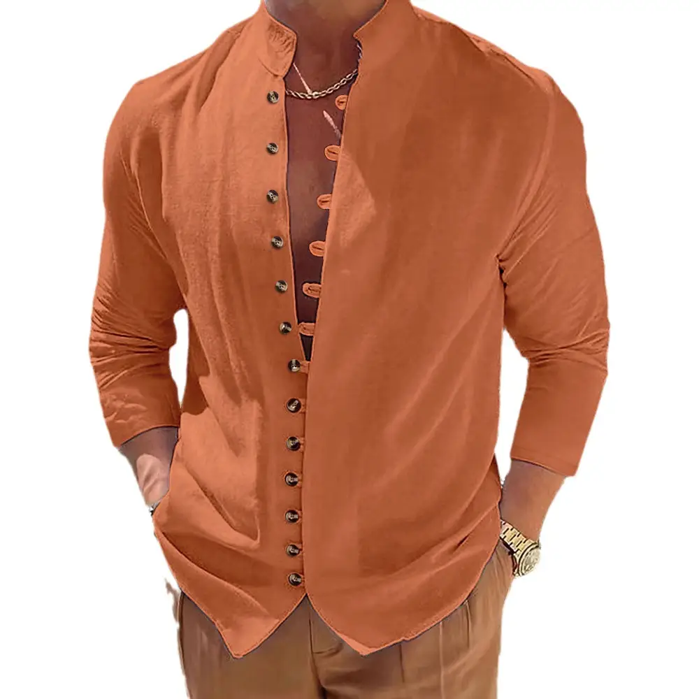 Men's 2026 Cross-Border Cotton Linen Shirt Brown Long Sleeve - Image 12