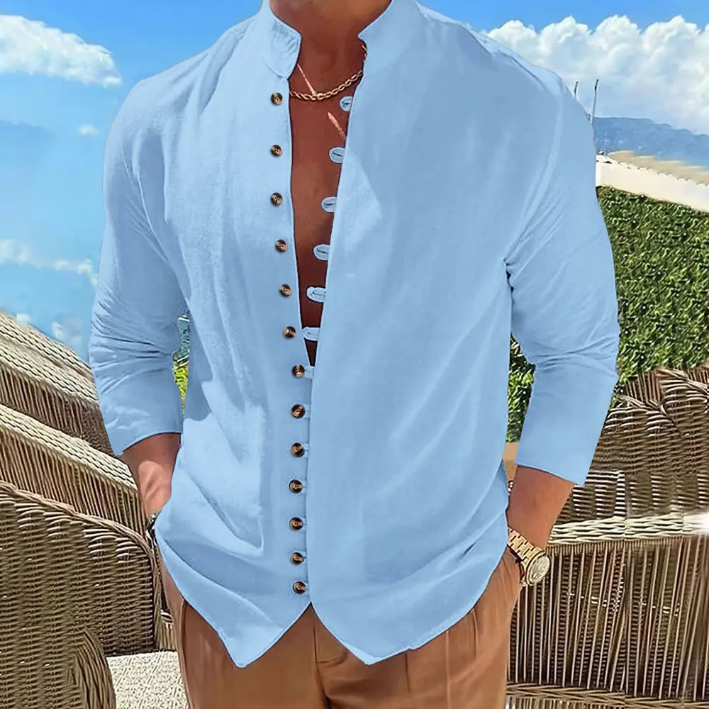 Men's 2026 Cross-Border Cotton Linen Shirt Brown Long Sleeve - Image 5