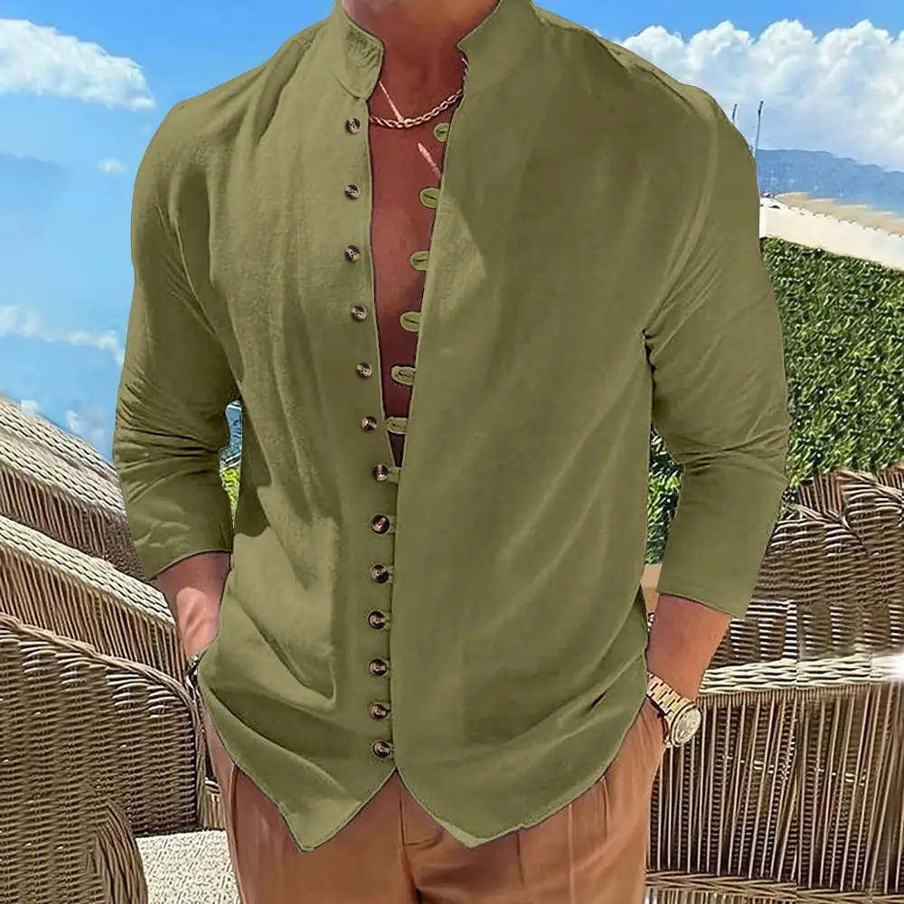Men's 2026 Cross-Border Cotton Linen Shirt Brown Long Sleeve - Image 6