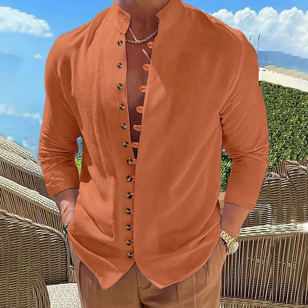 Men's 2026 Cross-Border Cotton Linen Shirt Brown Long Sleeve - Image 7