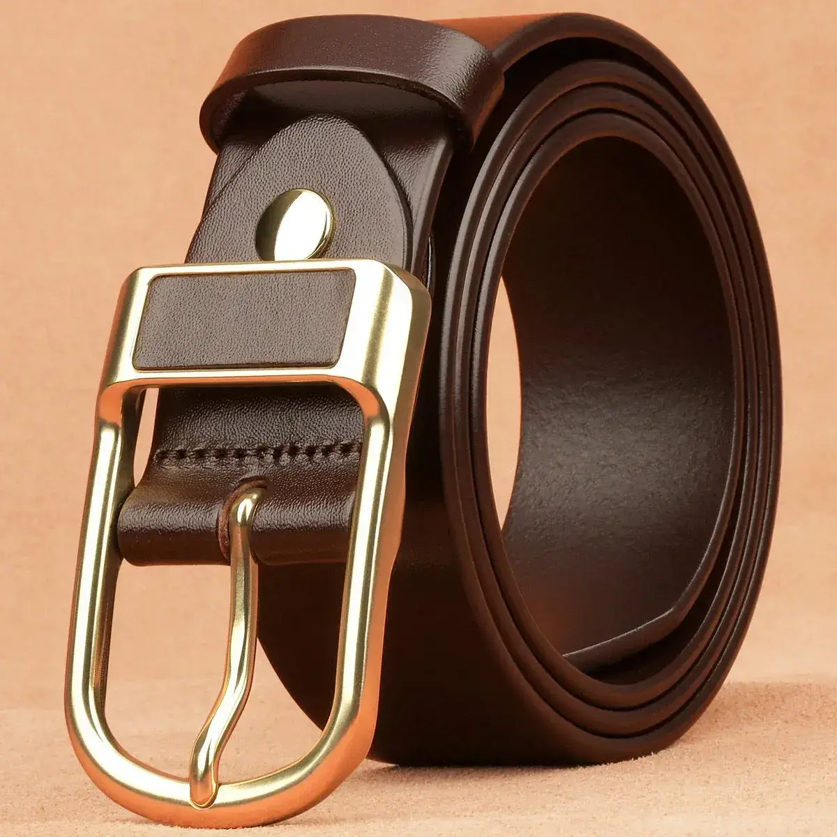Men's Cowhide Leather Belt with Gold Pin Buckle - Image 3