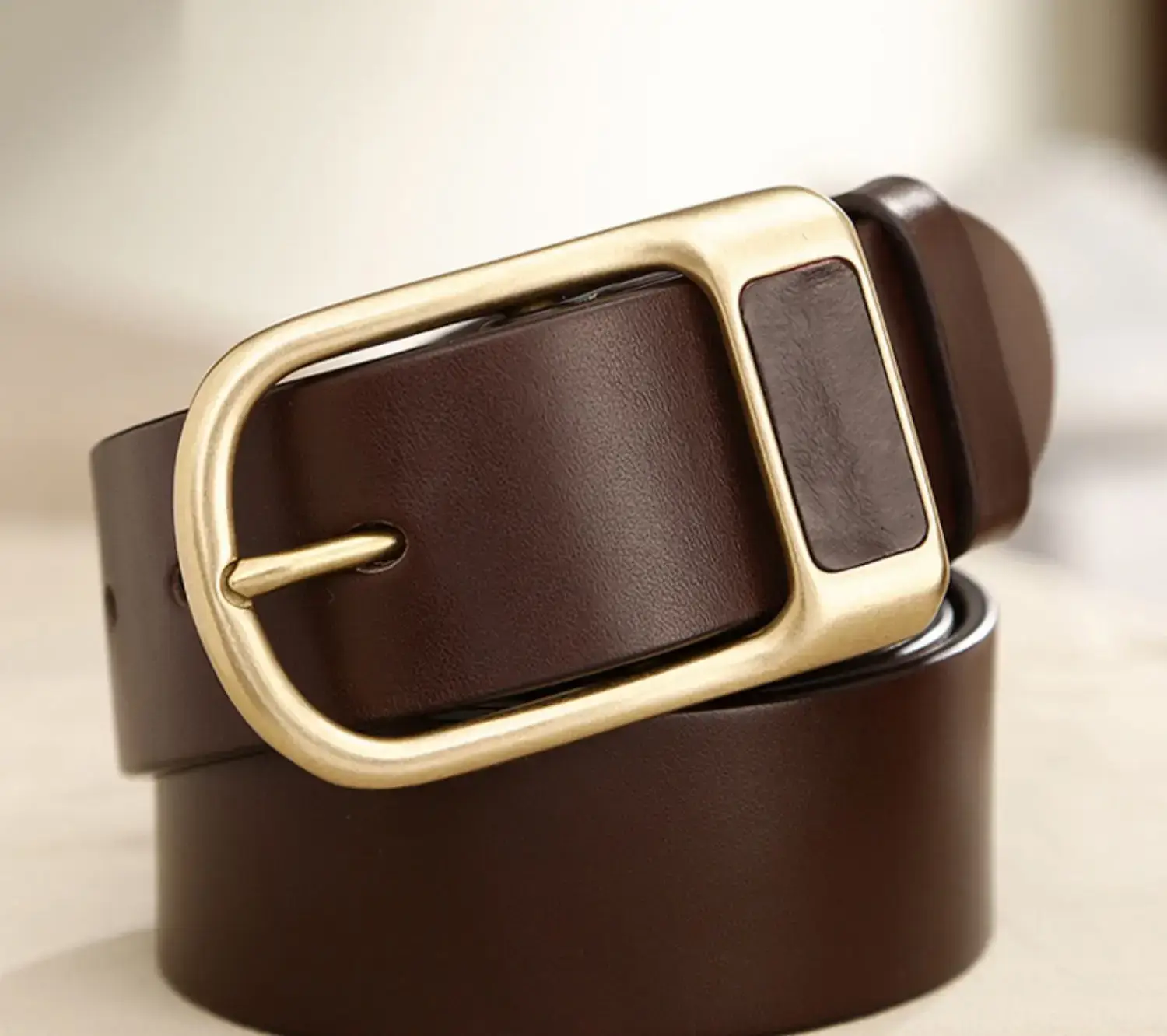 Men's Cowhide Leather Belt with Gold Pin Buckle — feature 14