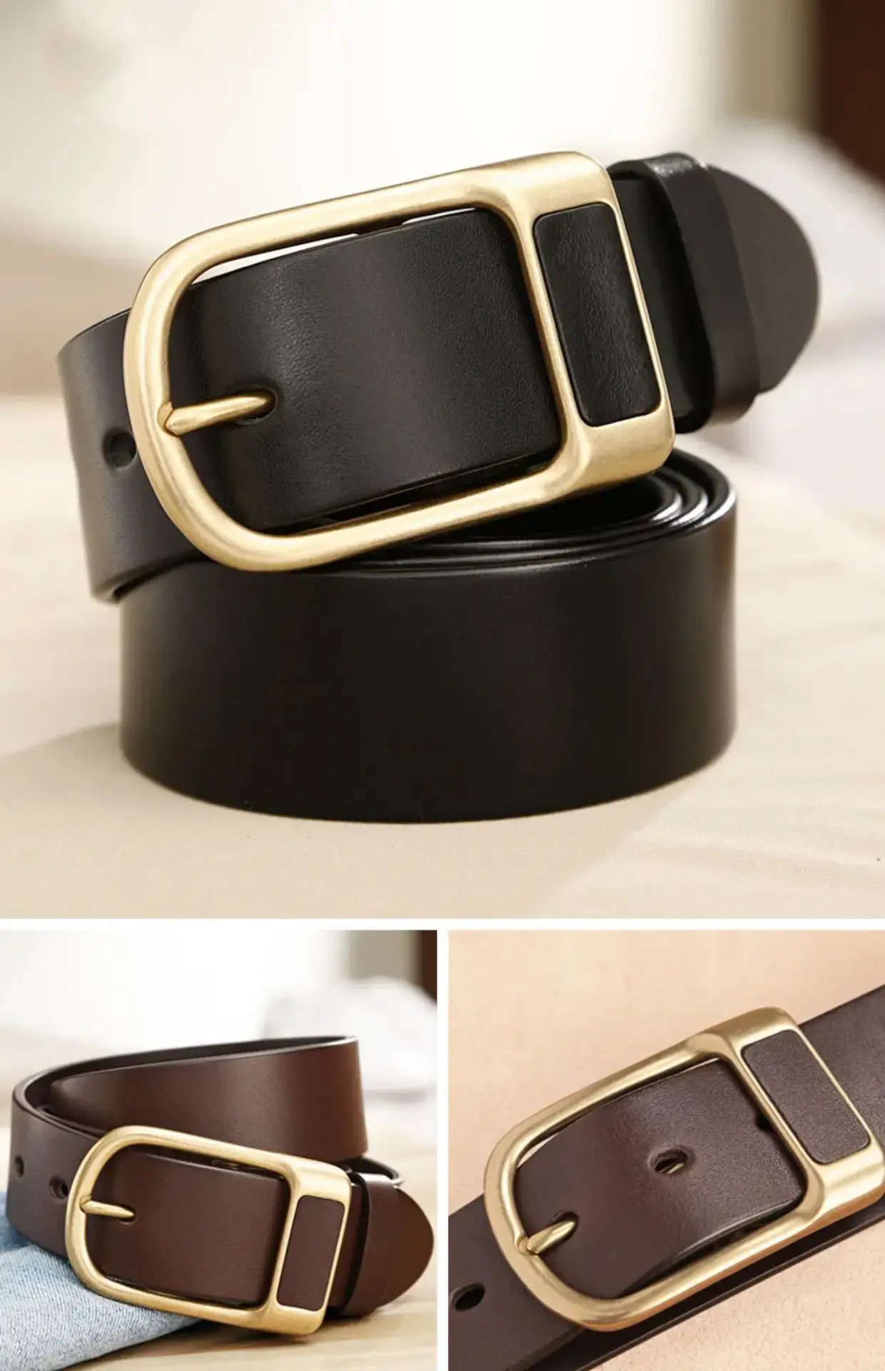 Men's Cowhide Leather Belt with Gold Pin Buckle — feature 15