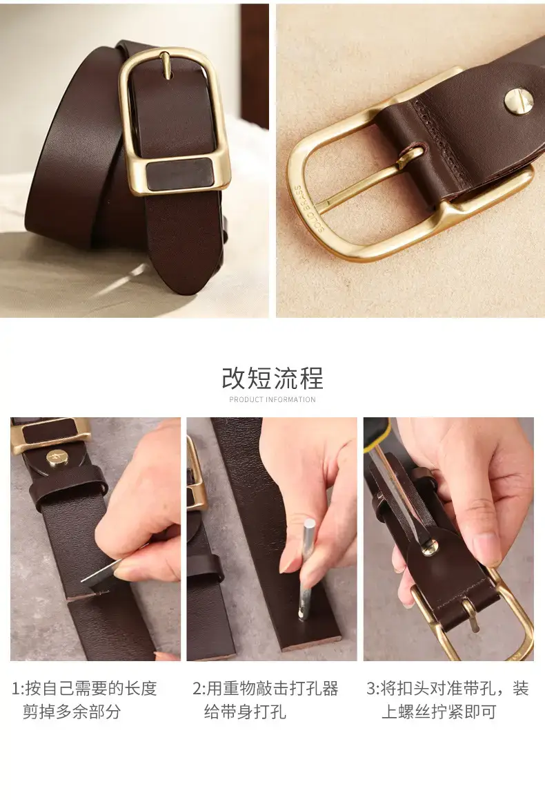 Men's Cowhide Leather Belt with Gold Pin Buckle — feature 17
