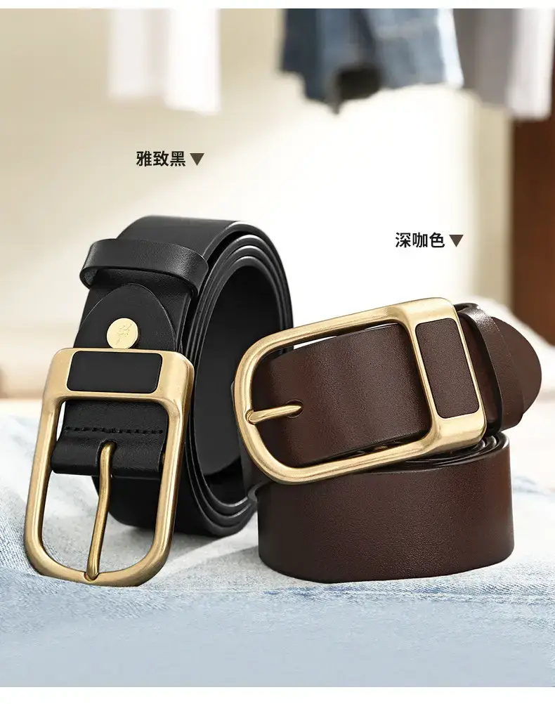 Men's Cowhide Leather Belt with Gold Pin Buckle — feature 4