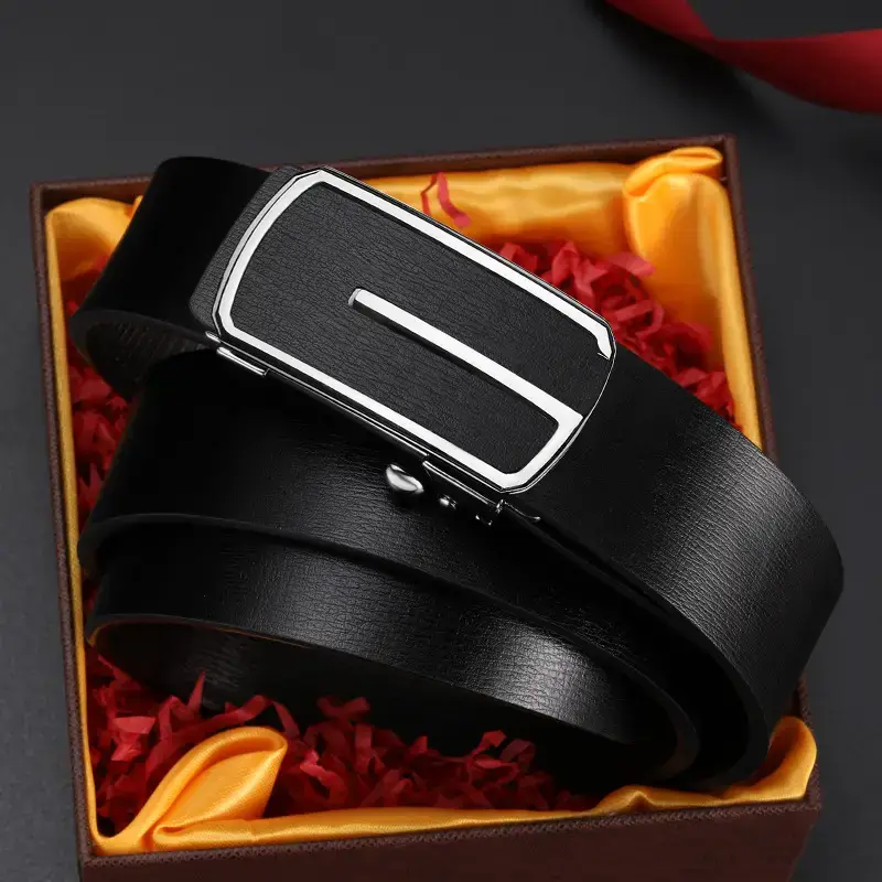Men's Black Leather Belt with Gold Buckle - Image 5