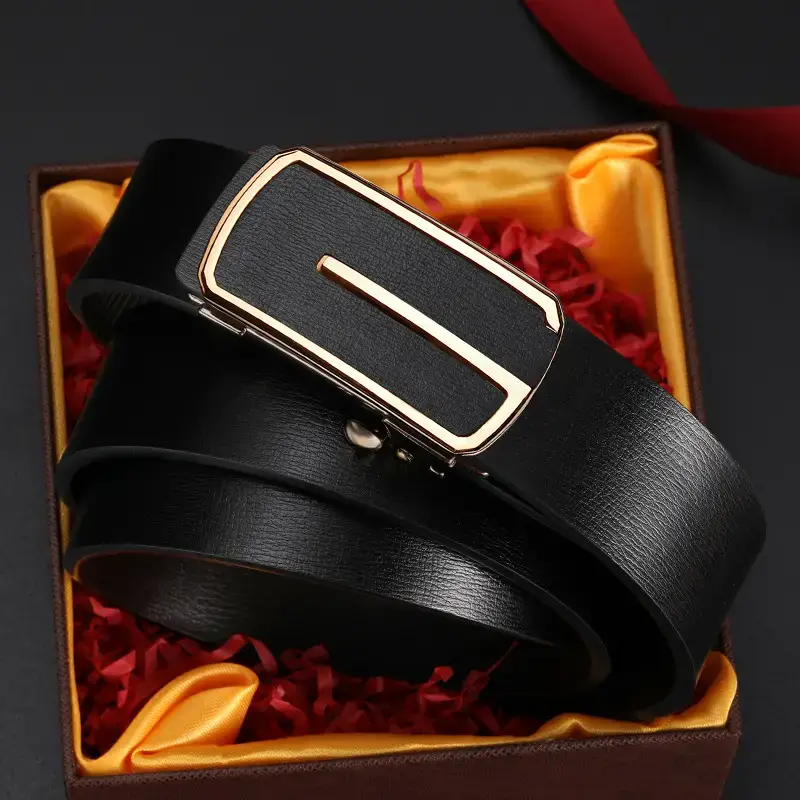 Men's Black Leather Belt with Gold Buckle - Image 6